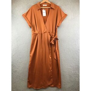 New Mango Dress Wrap Style Short Sleeve Collared Rust Brown Size 8